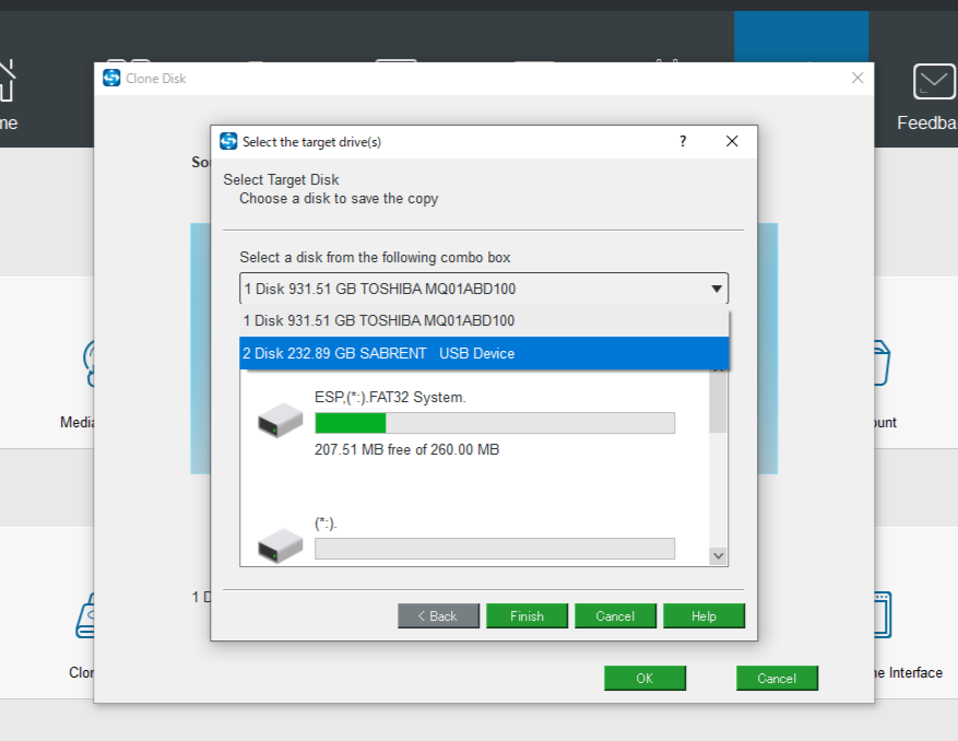 ターゲットディスク指定画面